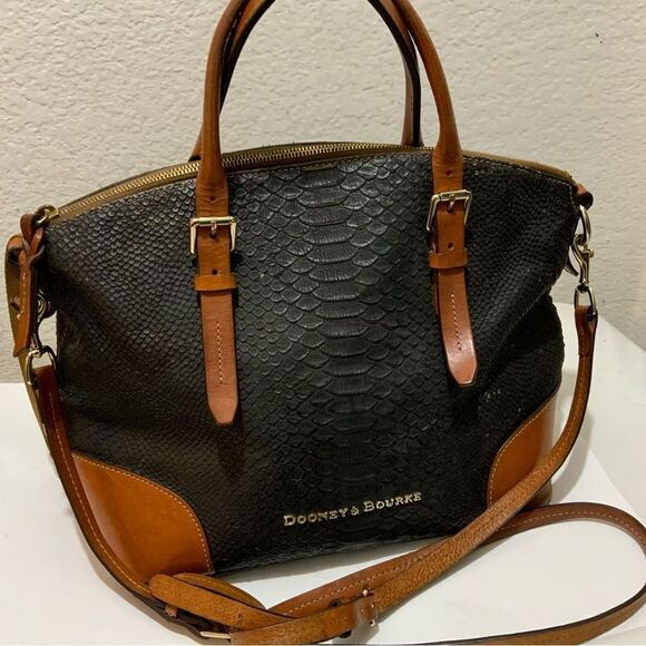 Dooney & Bourke Black Brown  Leather Python Exotic Satchel Buckle Handbag - Picture 2 of 13